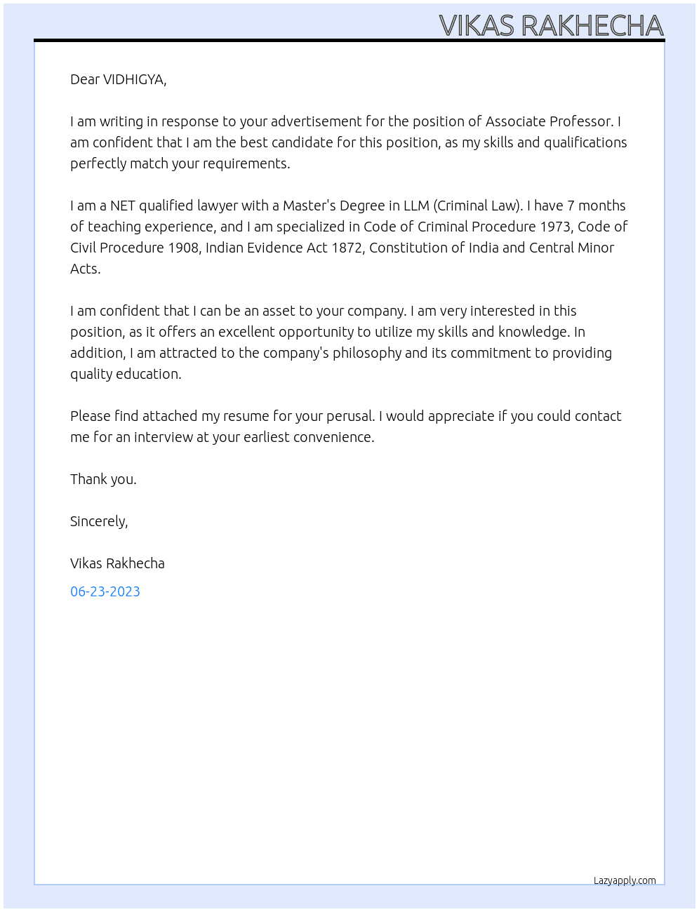 Associate Profesaor  At VIDHIGYA  Cover Letter
