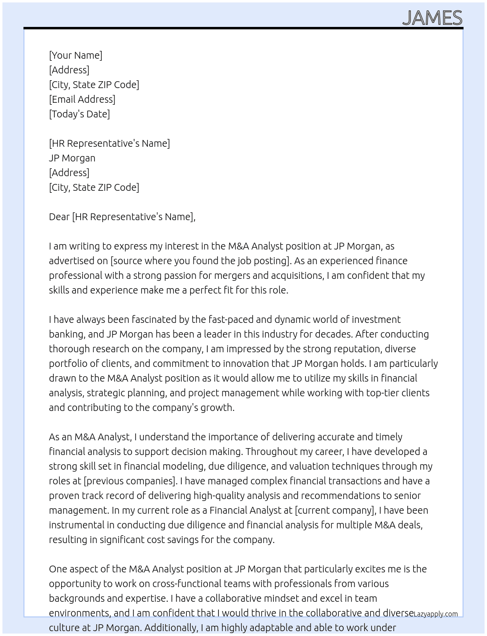 M&A Analyst At JP Morgan Cover Letter