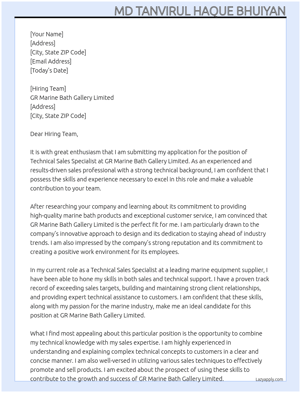 technical sales specialist At GR Marine Bath Gallery Limited Cover Letter