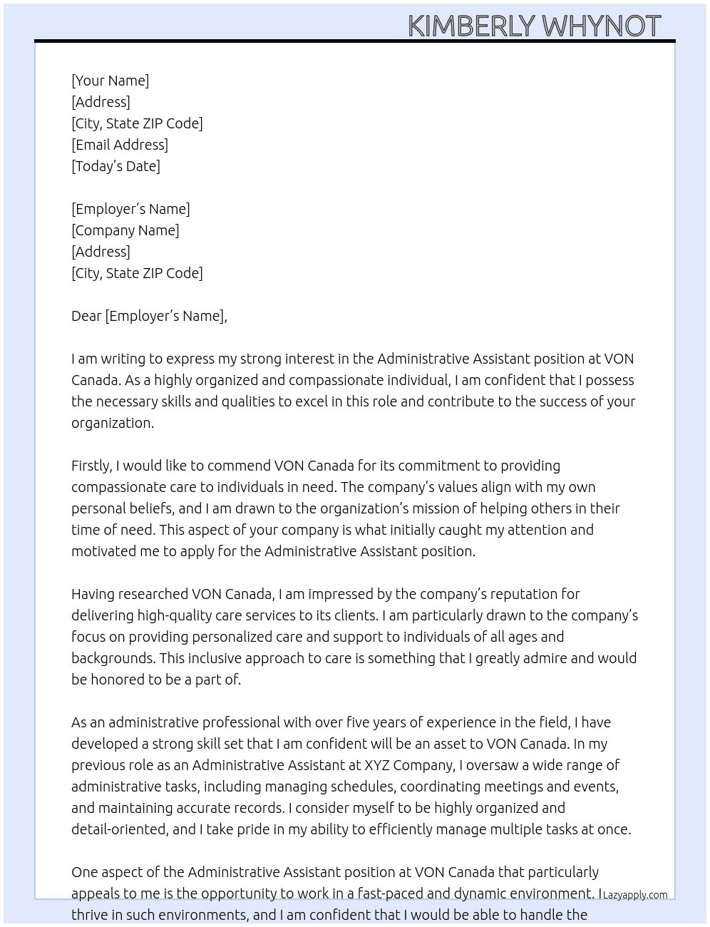 Administrative assistant  At VON Cover Letter