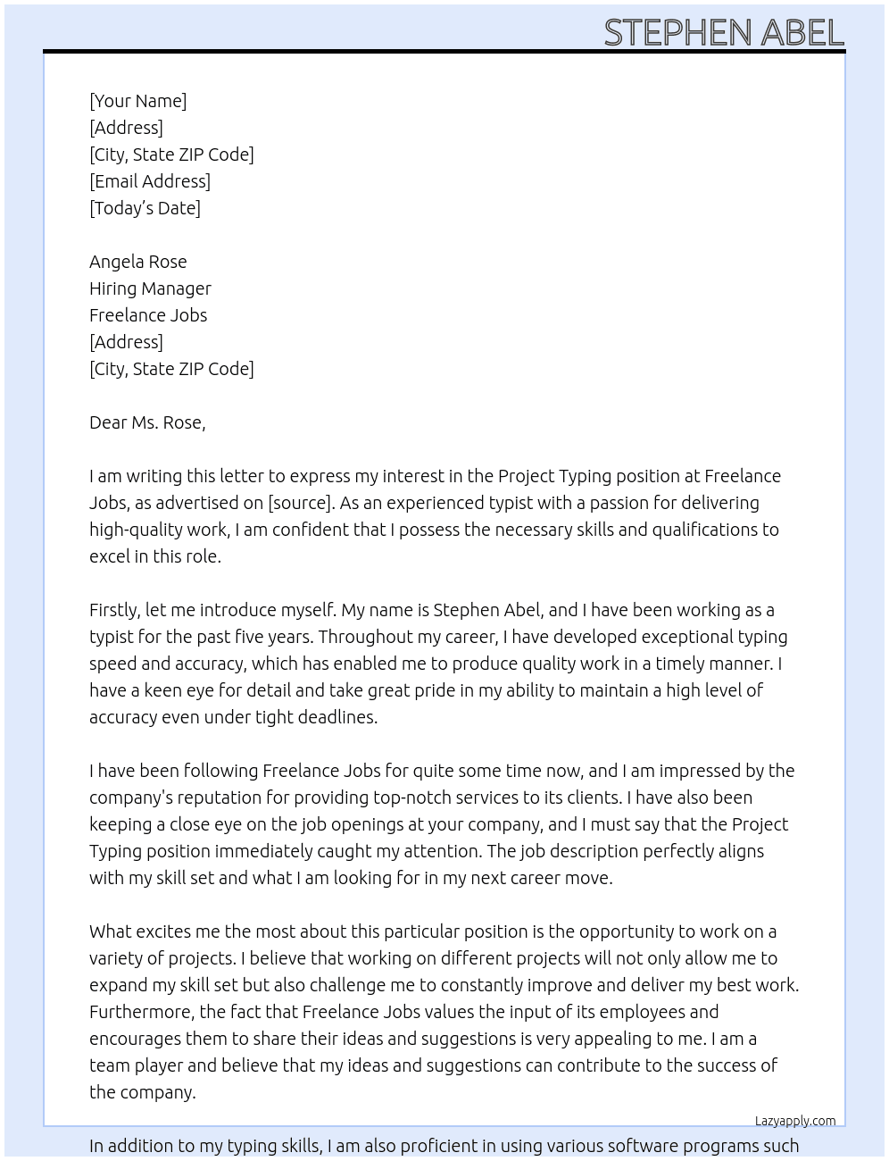 Project Typing At Freelance Jobs Cover Letter