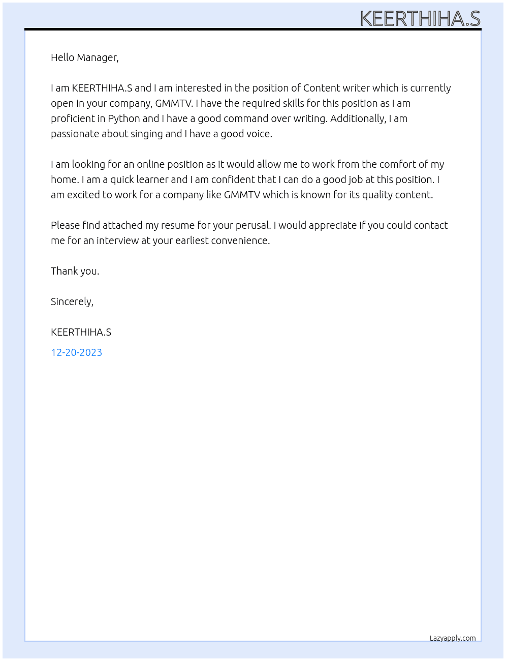 Content writer  At GMMTV  Cover Letter