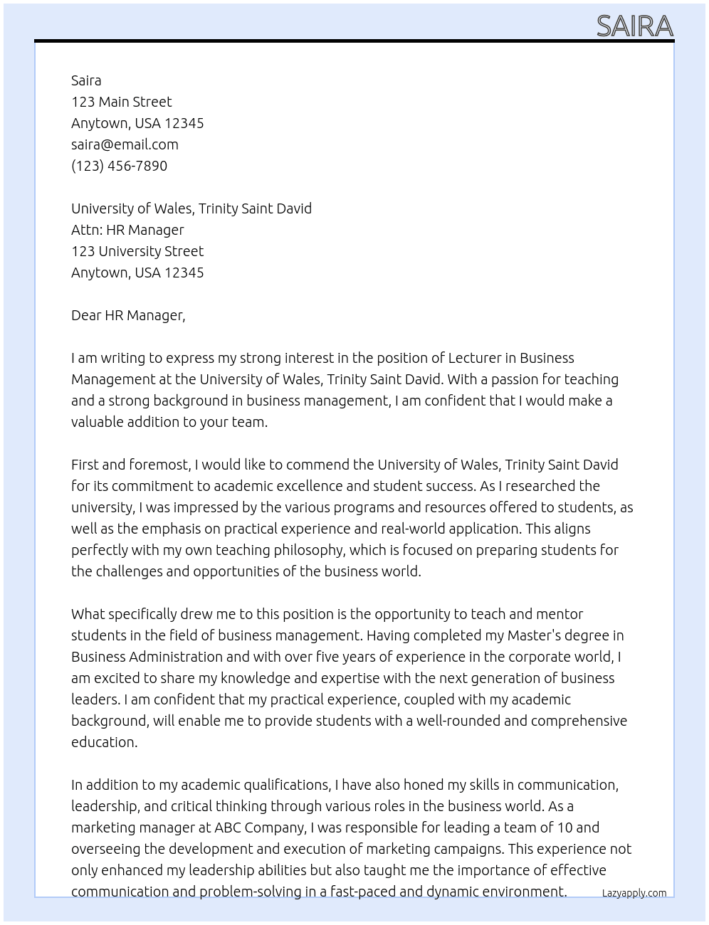 Lecturer in Business Management At University of Wales, Trinity Saint David Cover Letter