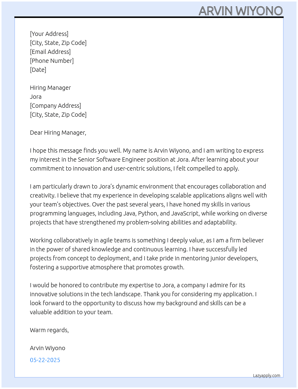 Senior Software Engineer At Jora Cover Letter