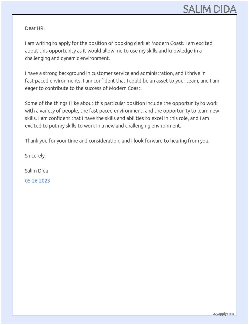 Booking clerk At MODERN COAST Cover Letter