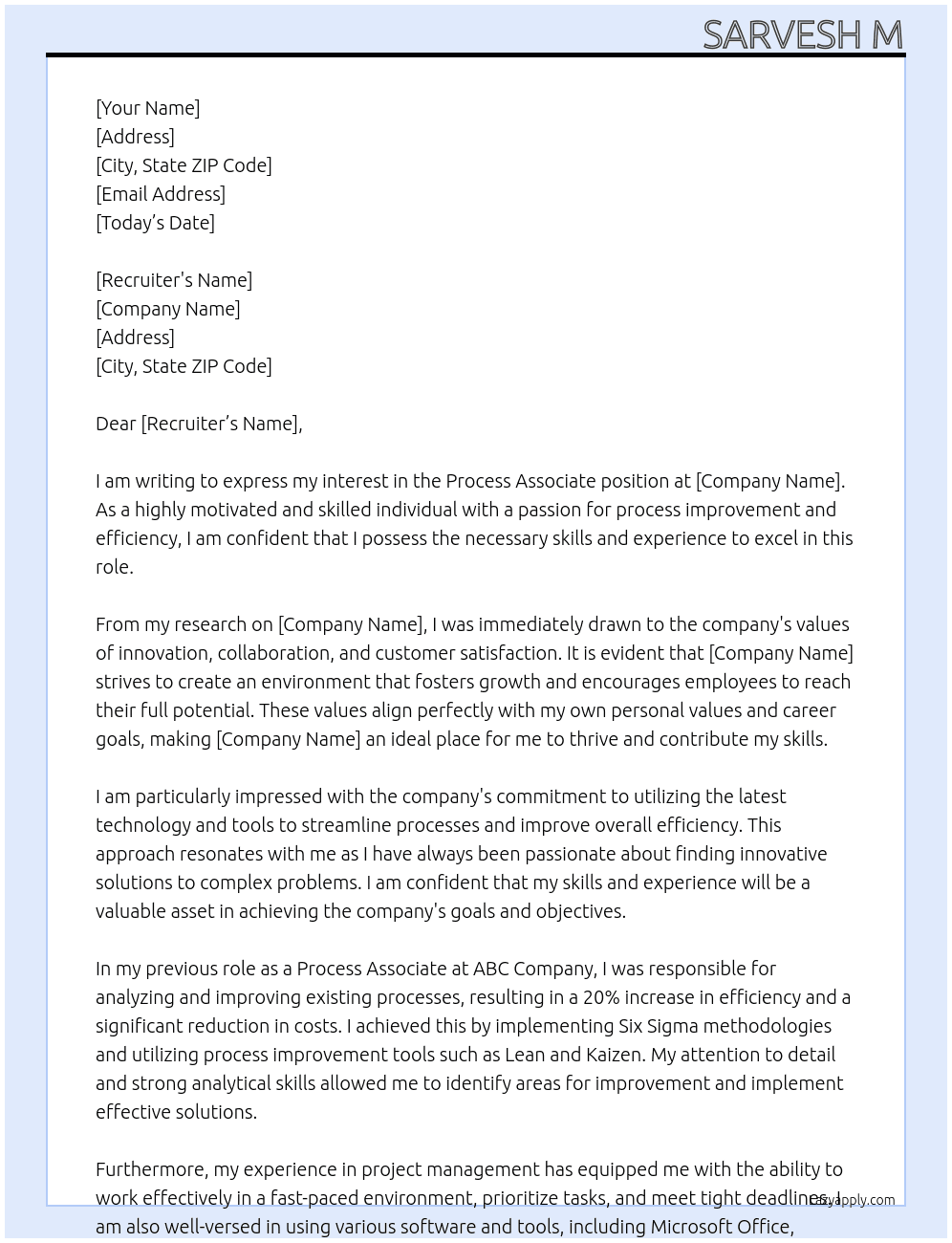 Process Associate  At Company  Cover Letter