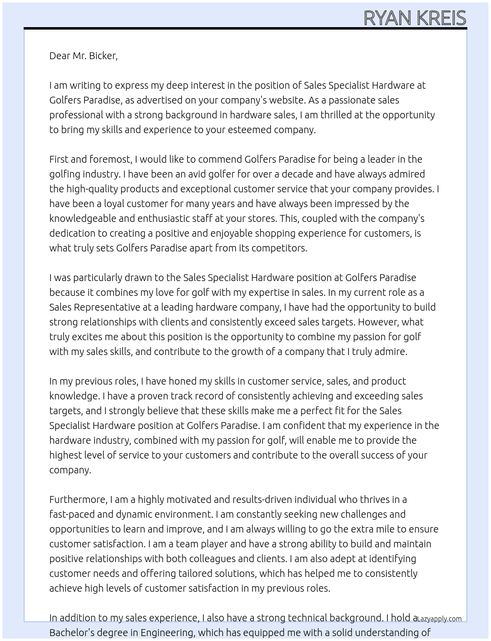 Sales Specialist Hardware At Golfers Paradise Cover Letter