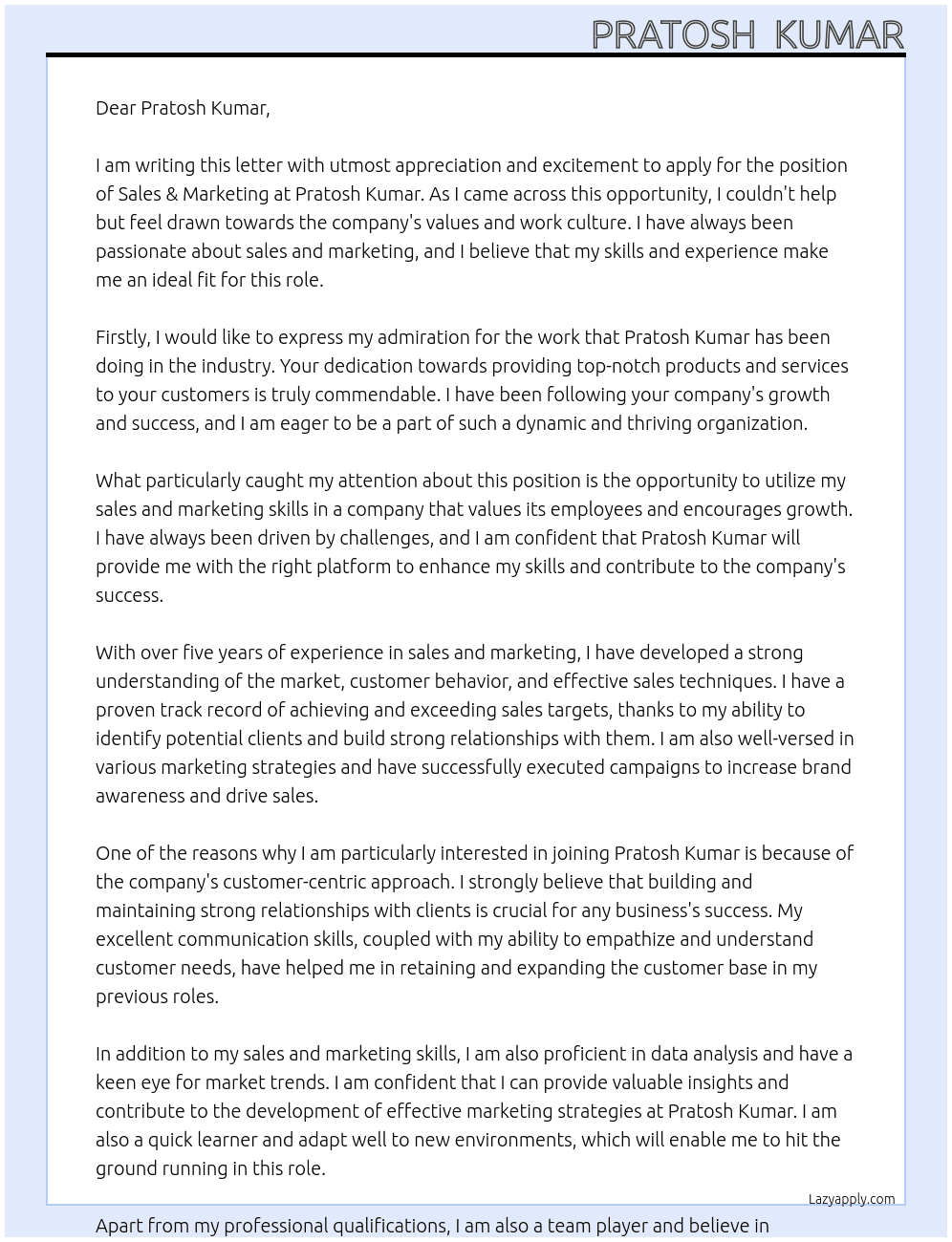 sales & marketing At pratosh  kumar Cover Letter