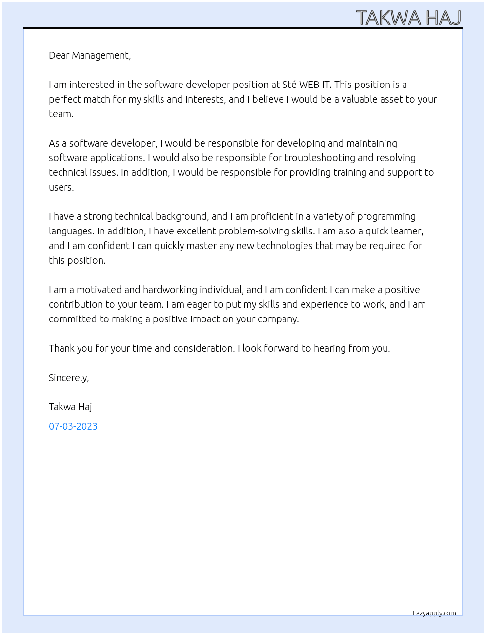 Software developer  At Sté WEB IT  Cover Letter