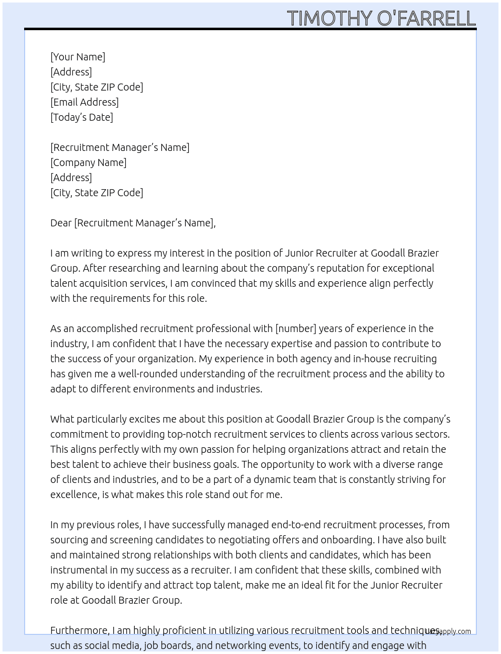 Junior Recruiter At Goodall Brazier Group Cover Letter