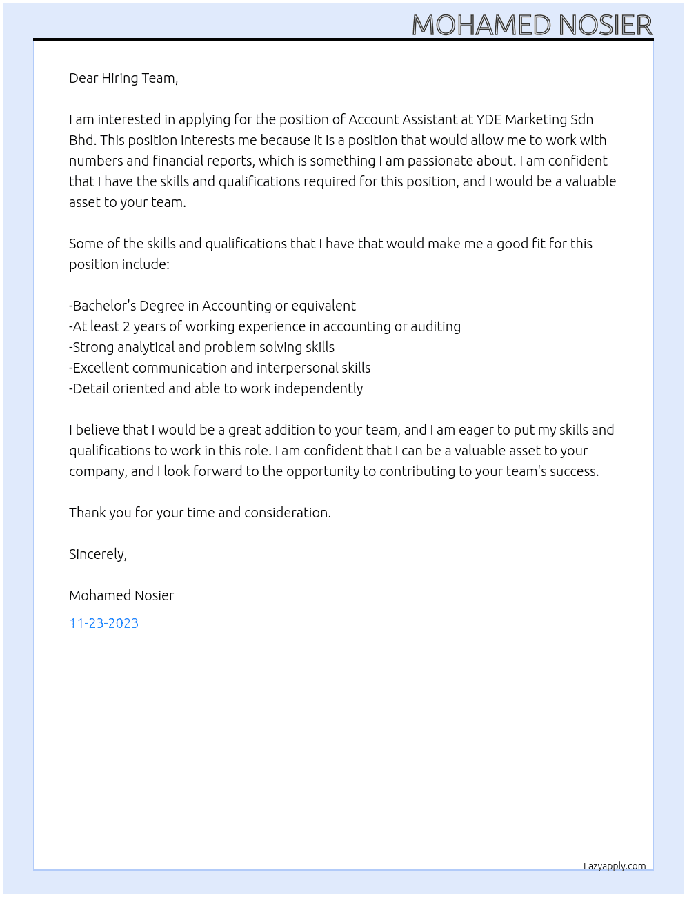 Account Assistant At YDE Marketing Sdn Bhd Cover Letter