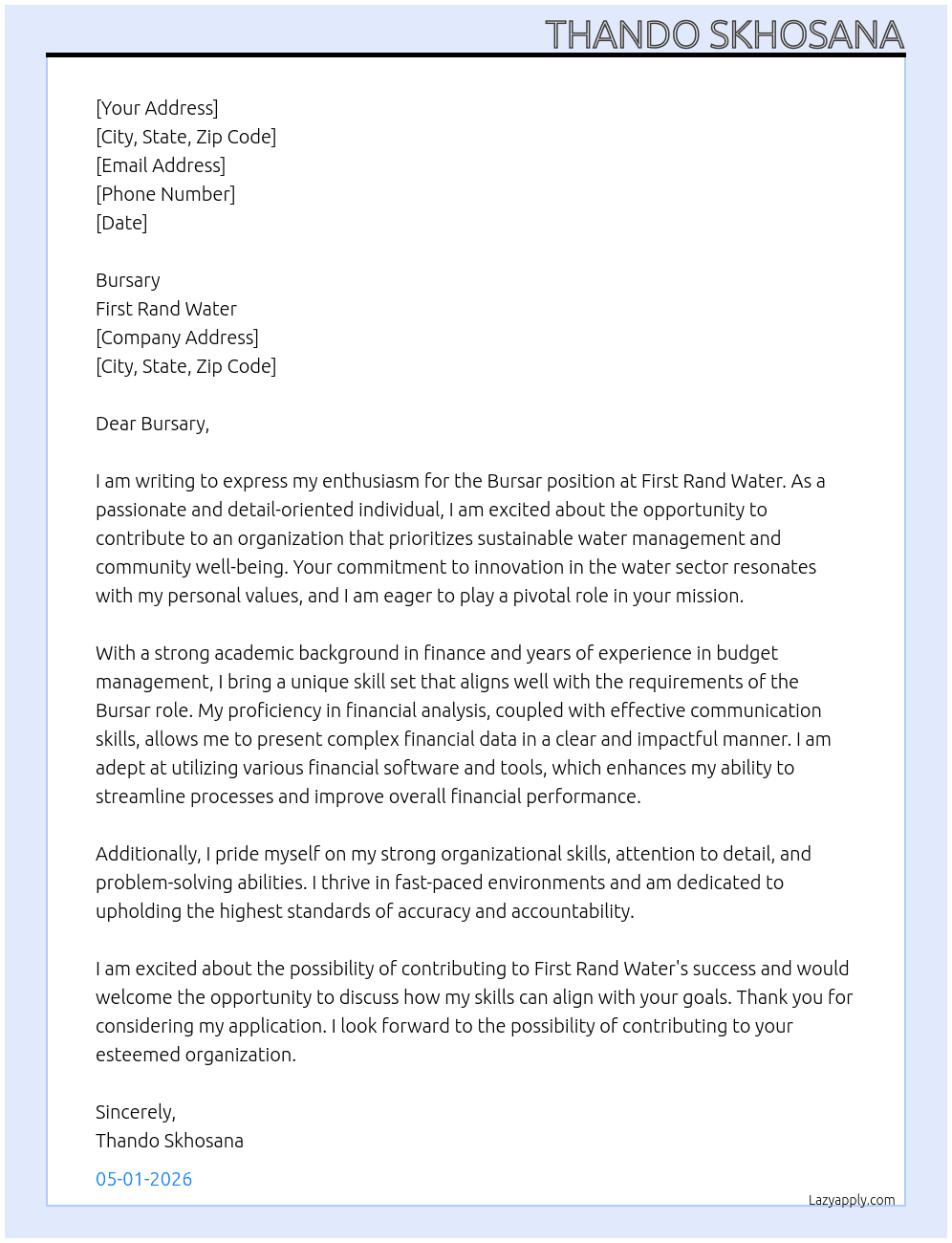Busar At First Rand water Cover Letter