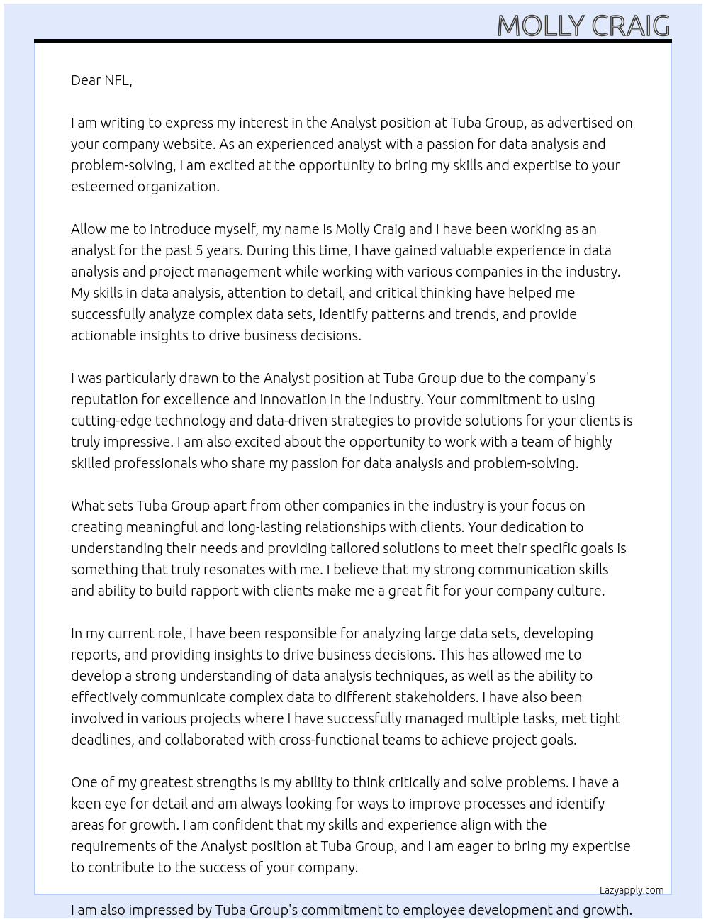 analyst At Tuba Group Cover Letter