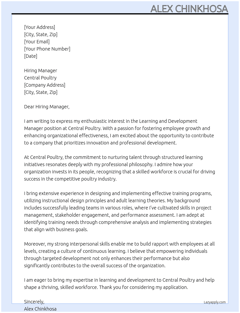 Learning and development manager At Central poultry  Cover Letter