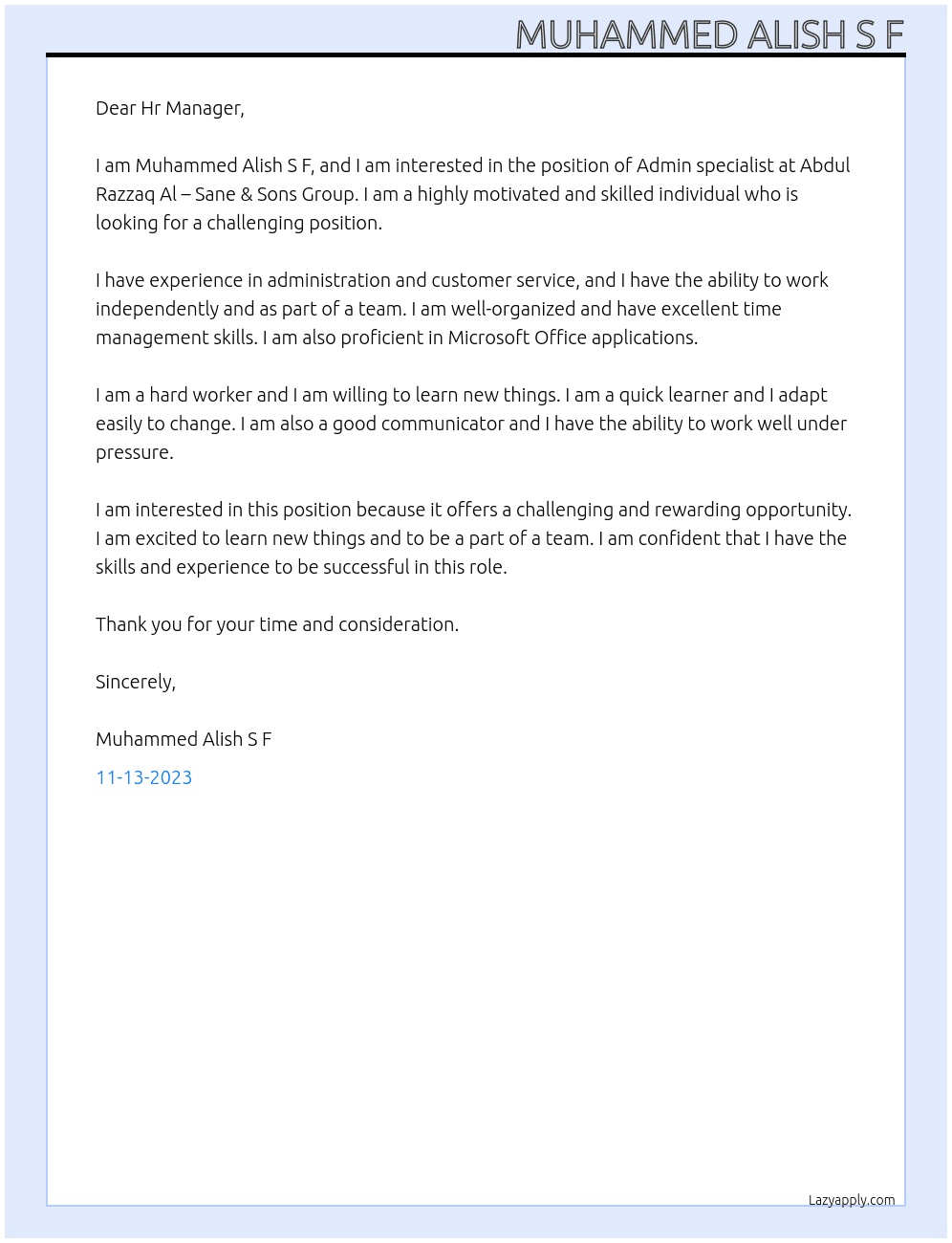 Admin specialist  At Abdul Razzaq Al – Sane & Sons Group Cover Letter