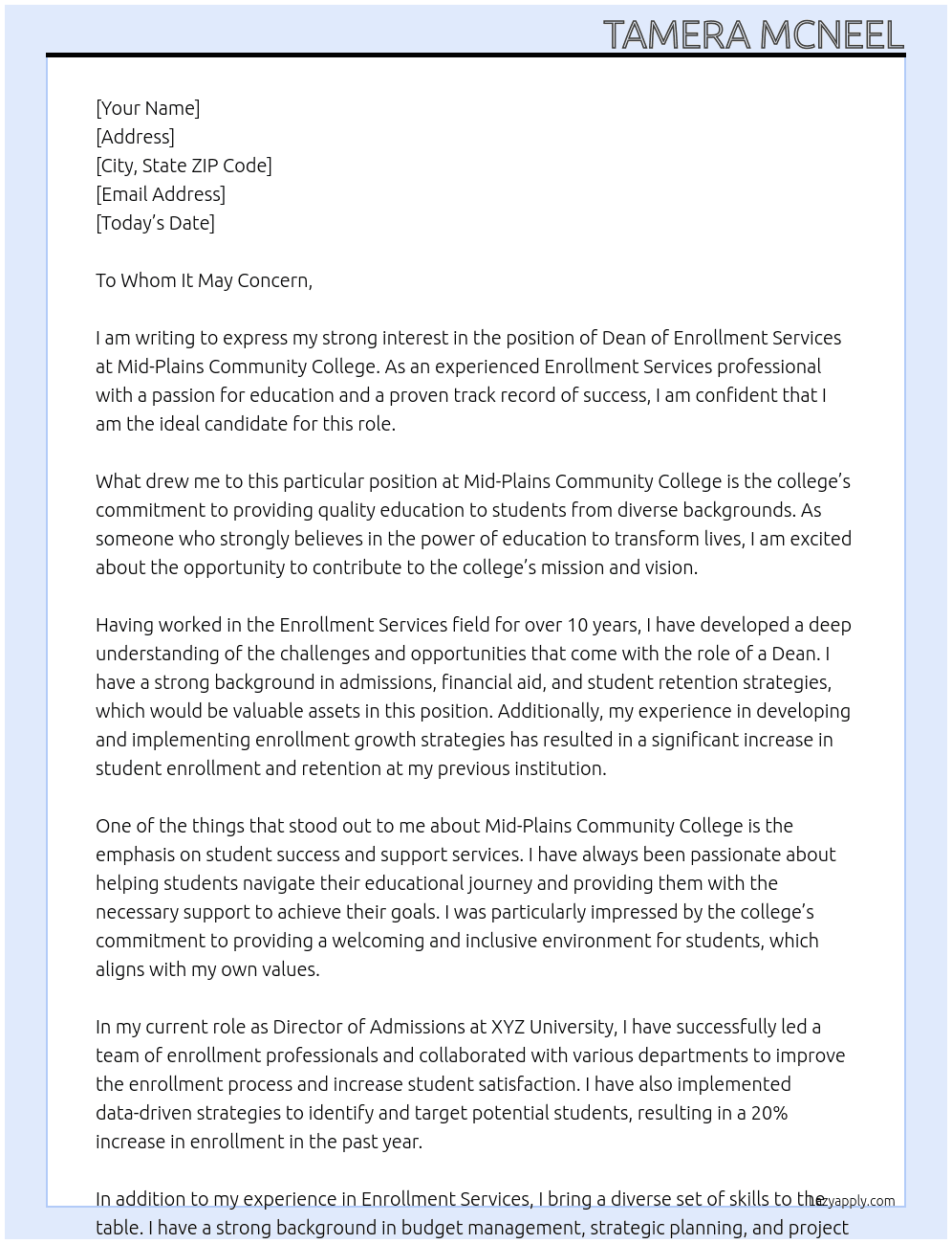 Dean of Enrollment Services At Mid-Plains Commuinty College Cover Letter