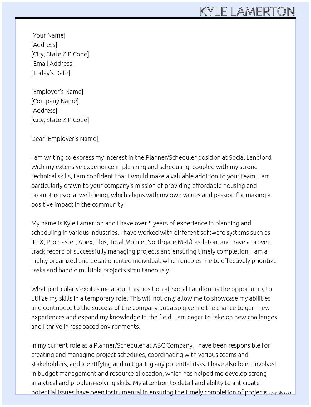 Planner/Scheduler At Social Landlord Cover Letter
