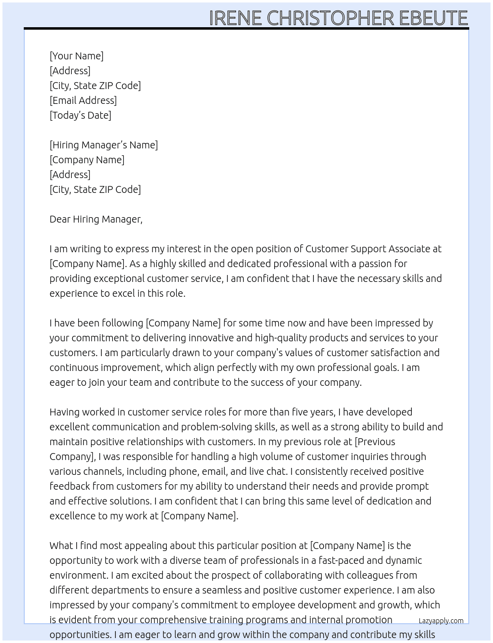 Customer Support Associate  At your Company Cover Letter