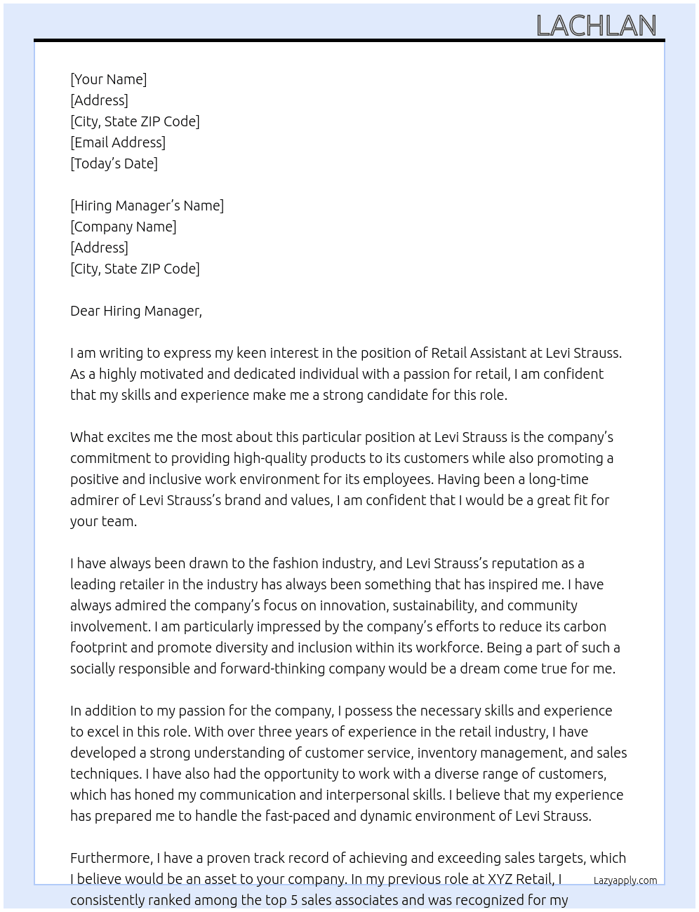 ex. retail assistant  At Levi Strauss  Cover Letter