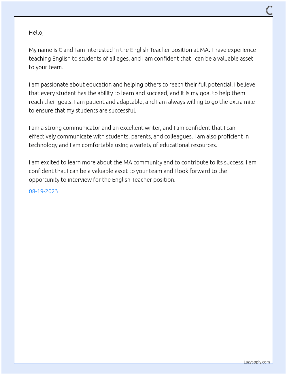 English Teacher At ma Cover Letter