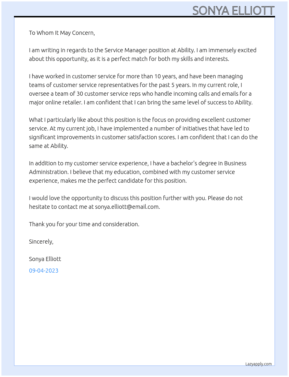 Service Manager At Ability  Cover Letter