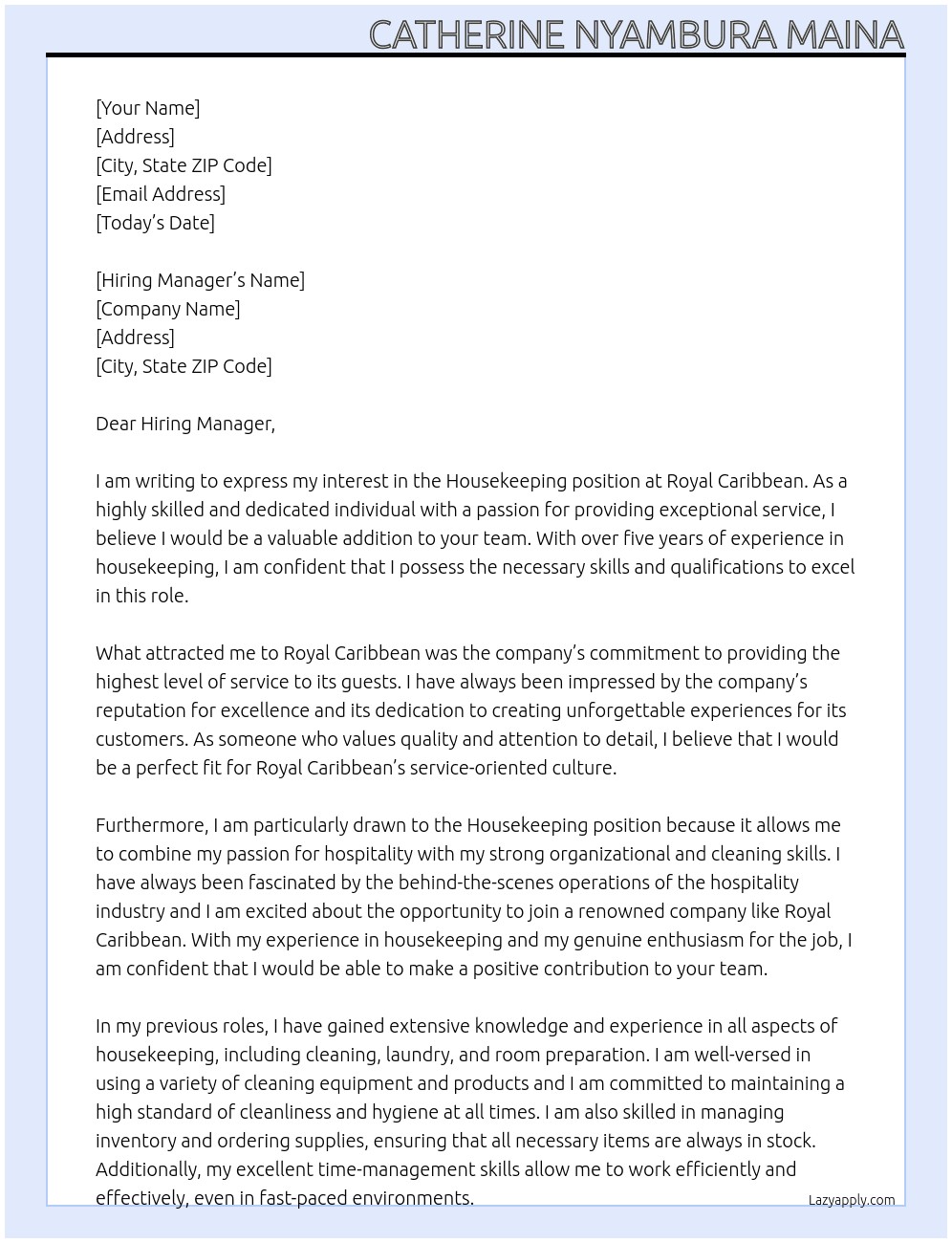 HOUSEKEEPING At ROYAL CARRIBEAN Cover Letter