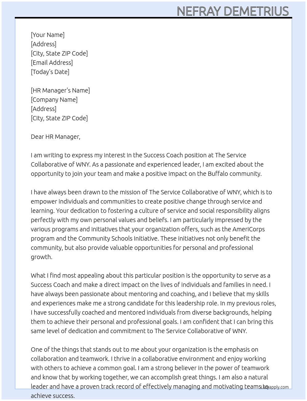 Success Coach  At The Service Collaborative of WNY  Cover Letter