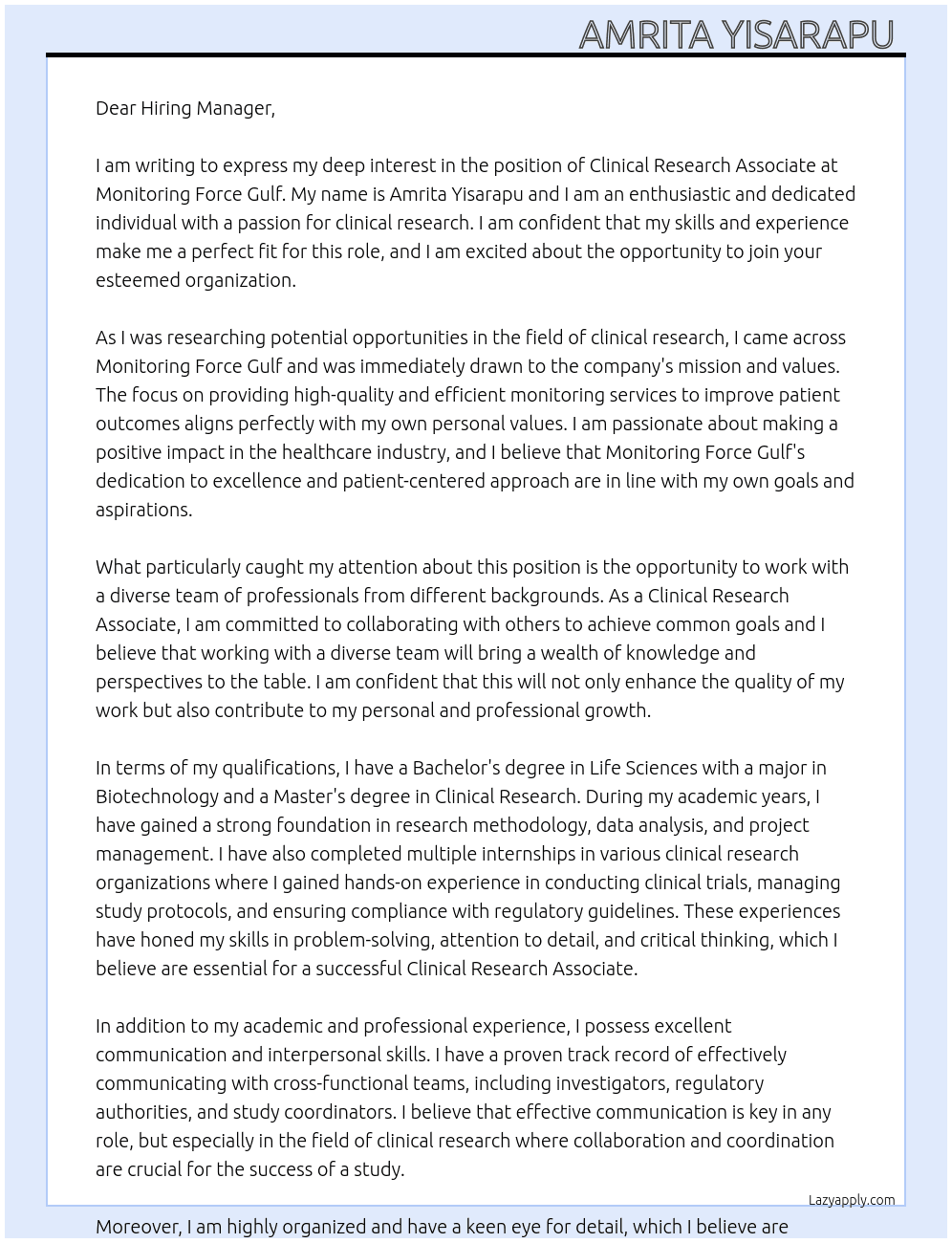 Clinical research associate  At Monitoring force gulf Cover Letter