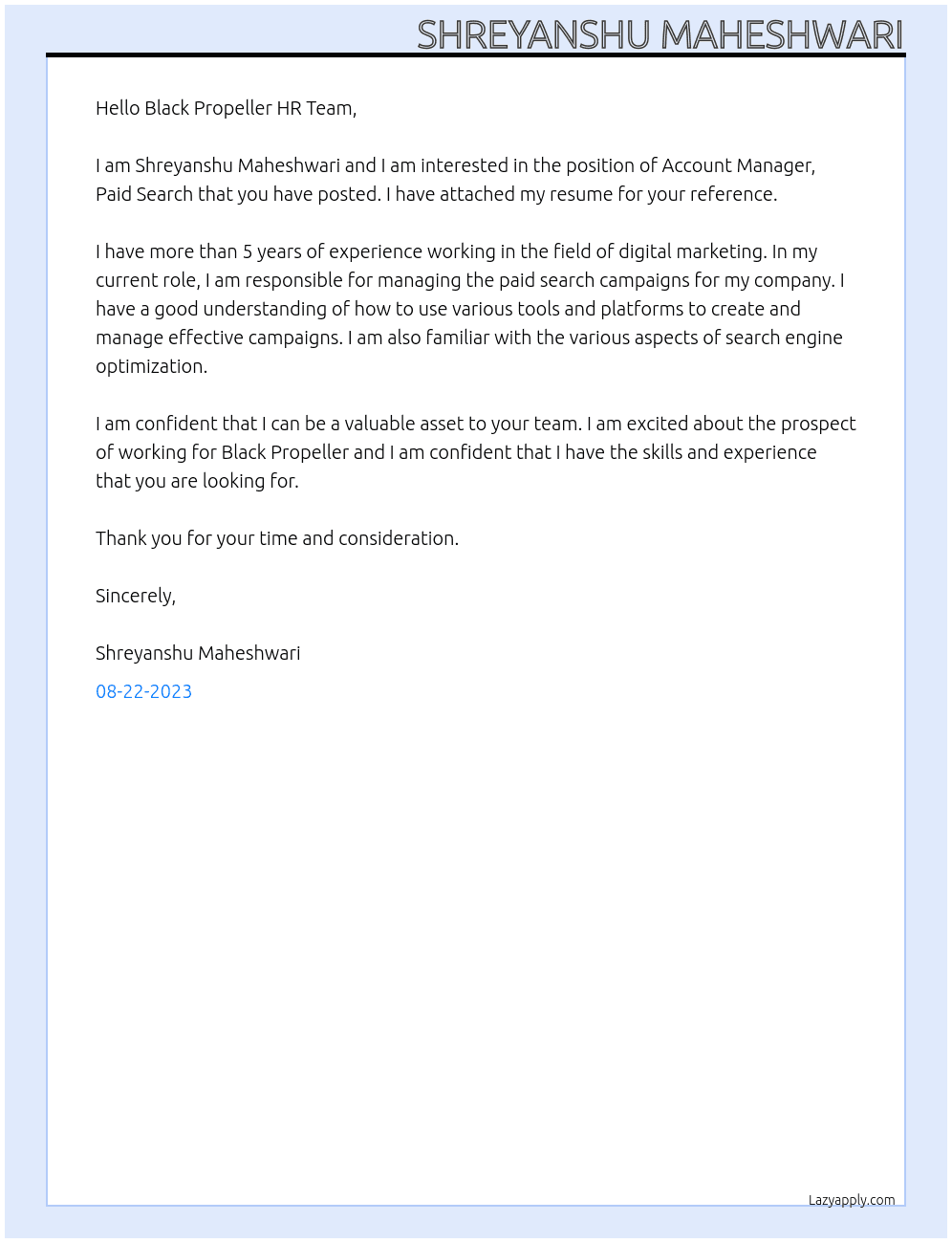 Account Manager, Paid Search At Black Propeller Cover Letter