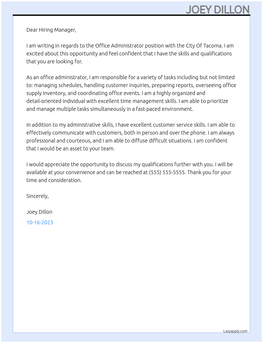 Office Administrator At City Of Tacoma Cover Letter