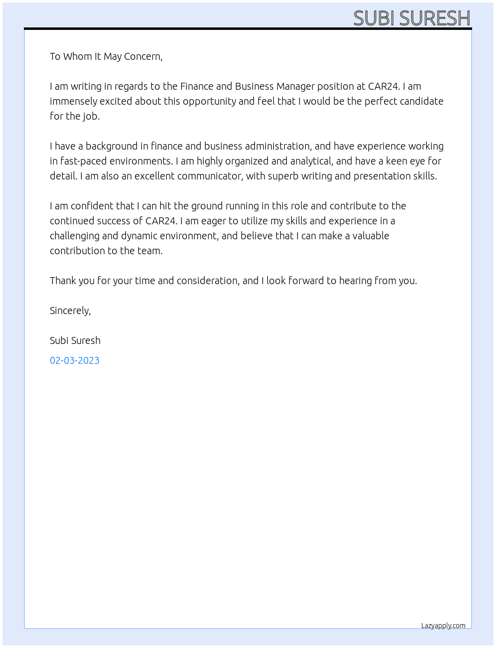 Finance and Business Manager At CAR24 Cover Letter