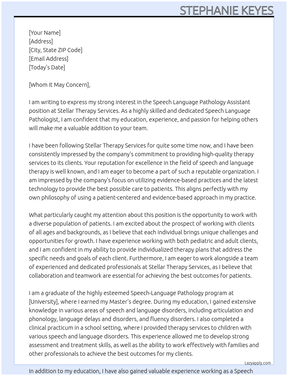Speech Language Pathology Assistant At Stellar Therapy Services Cover Letter