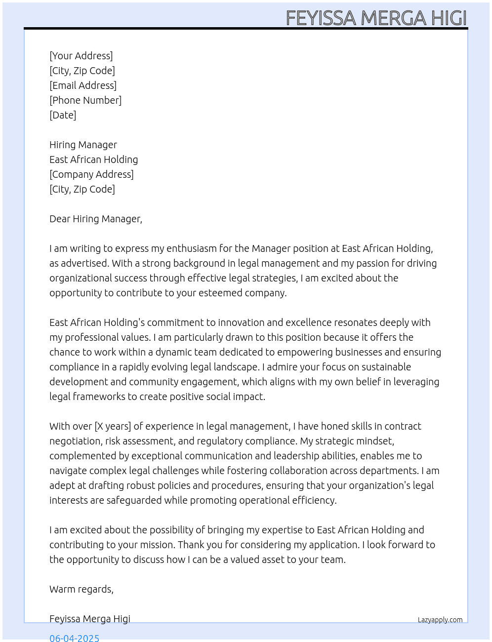 manager At East African Holding  Cover Letter