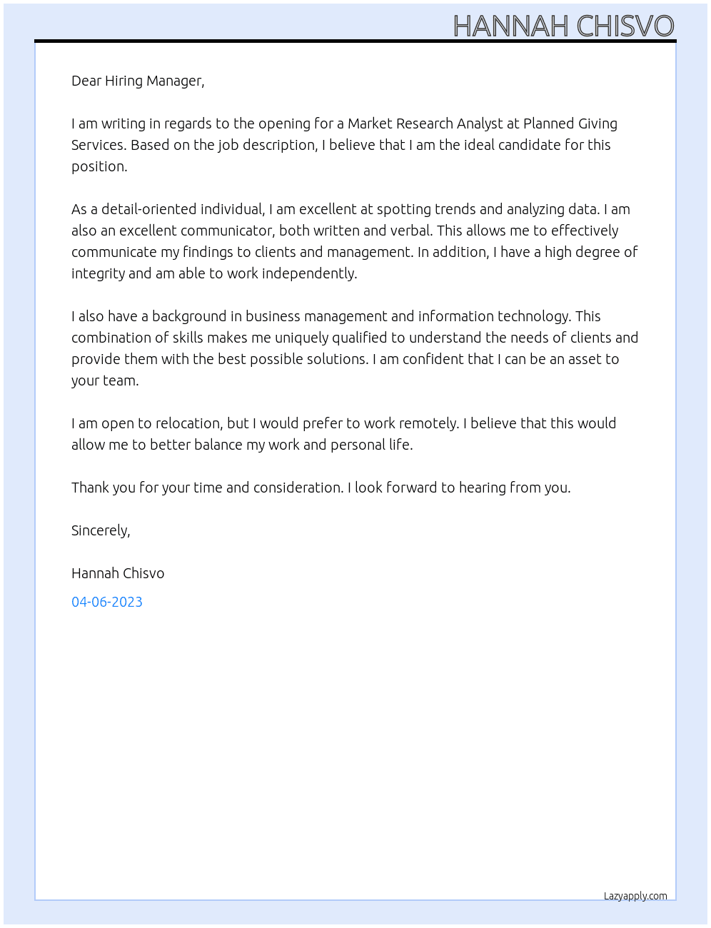 Market Research Analyst At Planned Giving Services Cover Letter
