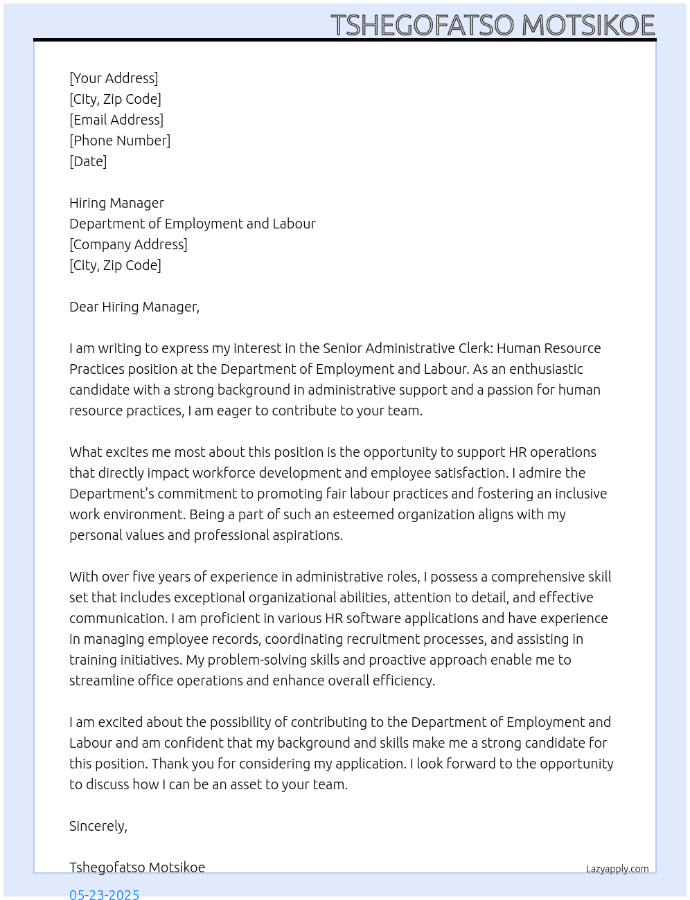 Senior Administrative Clerk: Human Resource Practises  At Department of Employment and Labour Cover Letter