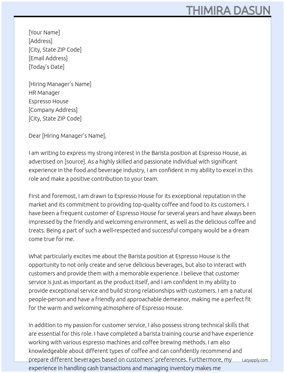 barista At Espresso house Cover Letter