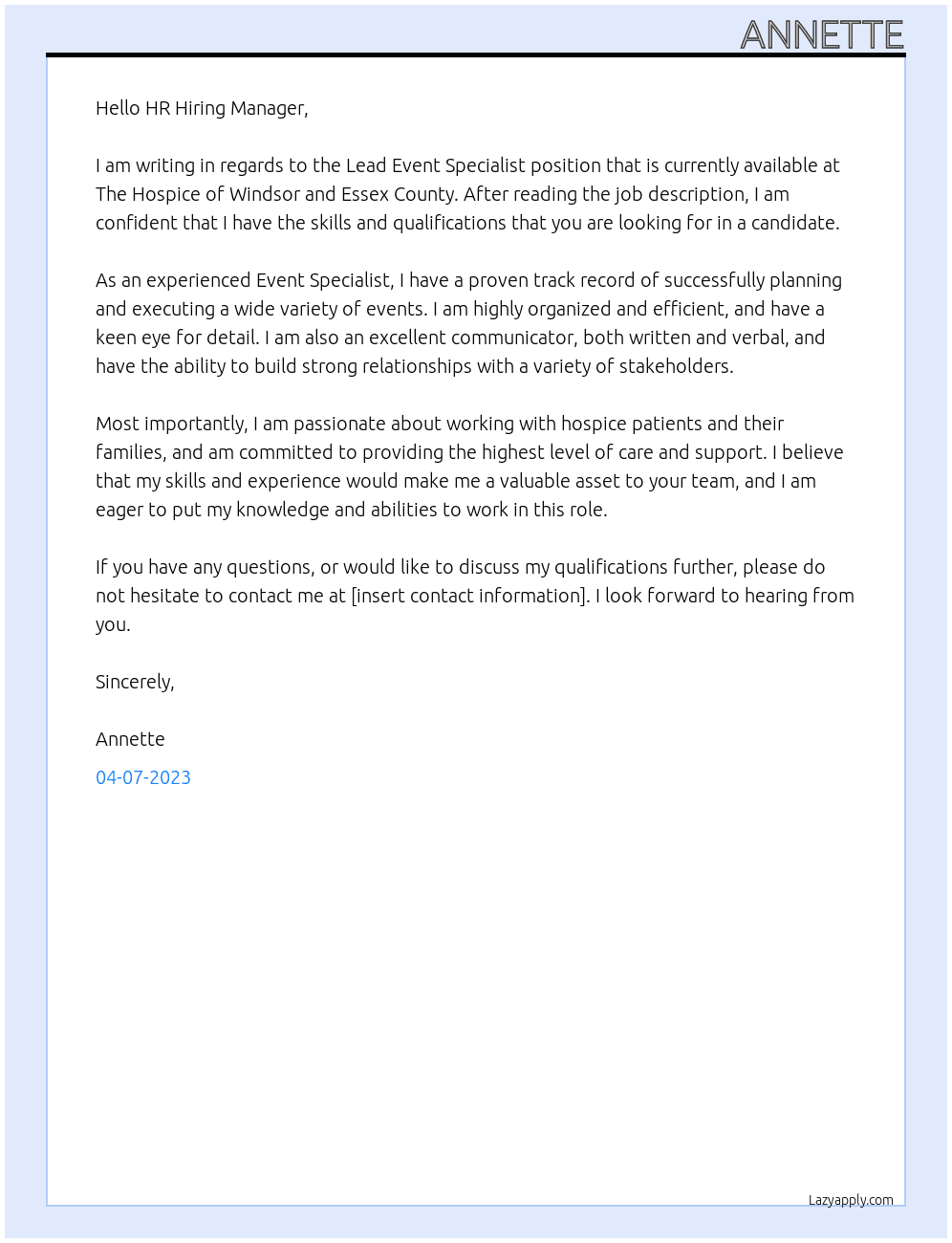 Lead Event Specialist  At The Hospice of Windsor and Essex County Cover Letter