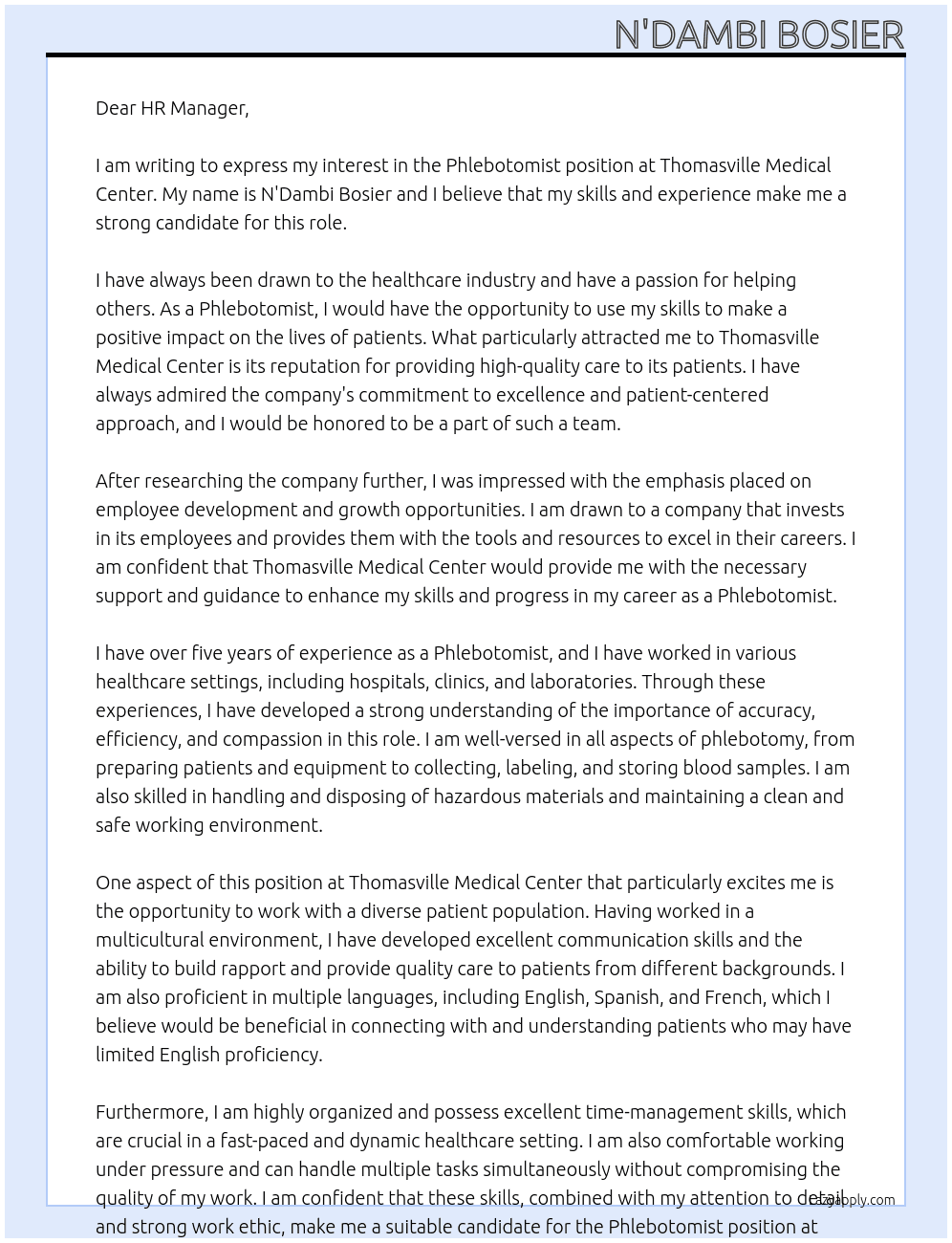 Phlebotomist At Thomasville Medical Center Cover Letter