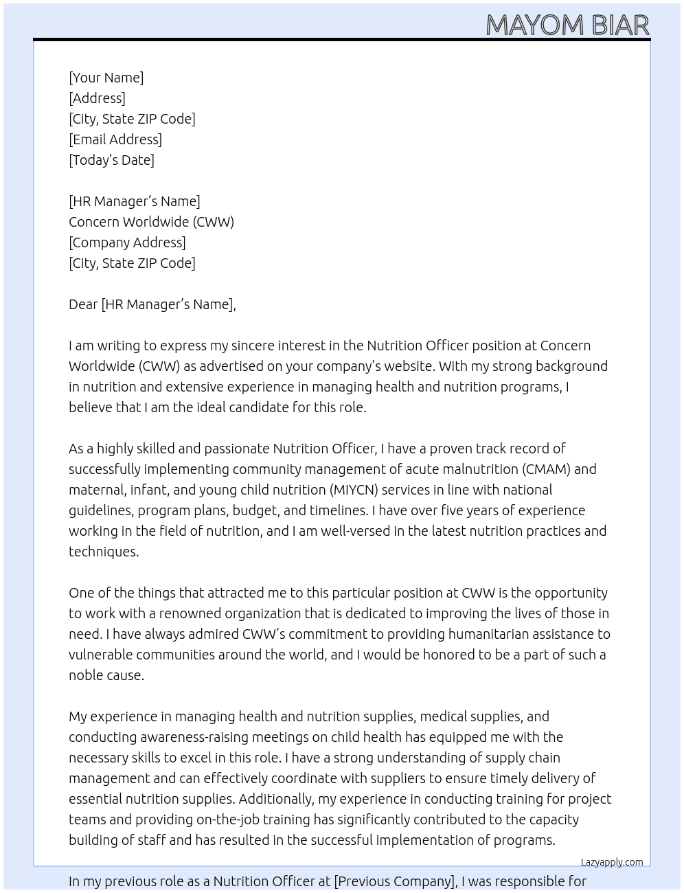 Nutrition Officer At Concern Worldwide(CWW) Cover Letter
