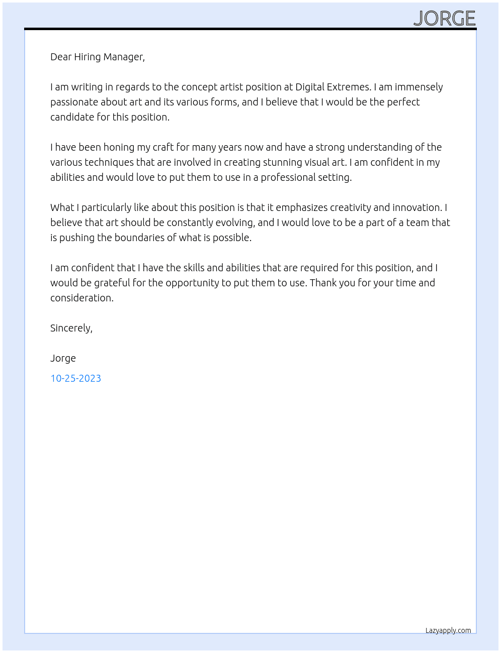 concept artist At digital extremes Cover Letter