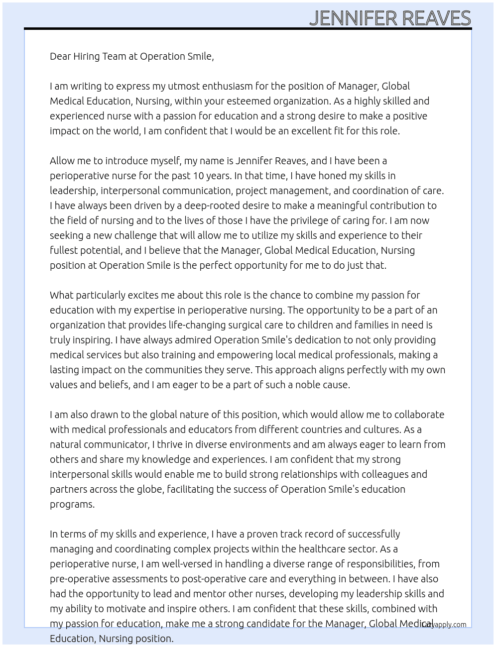 Manager, Global Medical Education, Nursing At Operation Smile Cover Letter