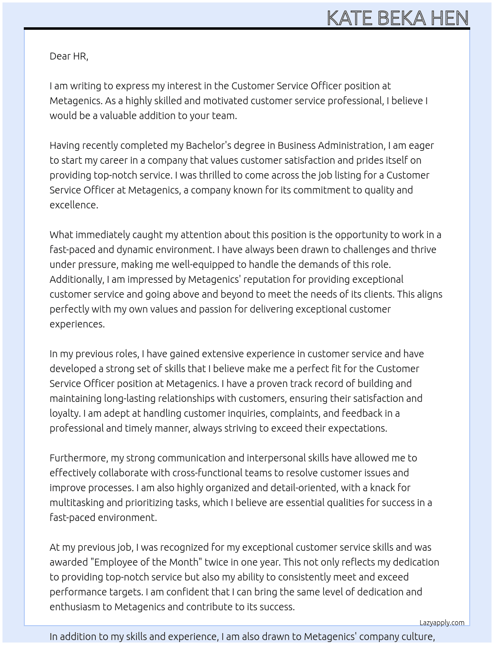 customer service officer At Metagenics Cover Letter