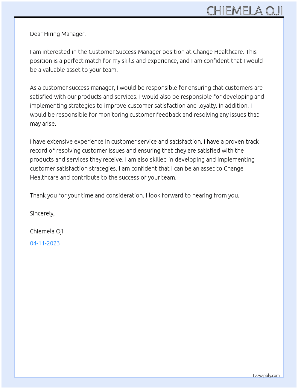 Customer Success Manager At Change Healthcare Cover Letter