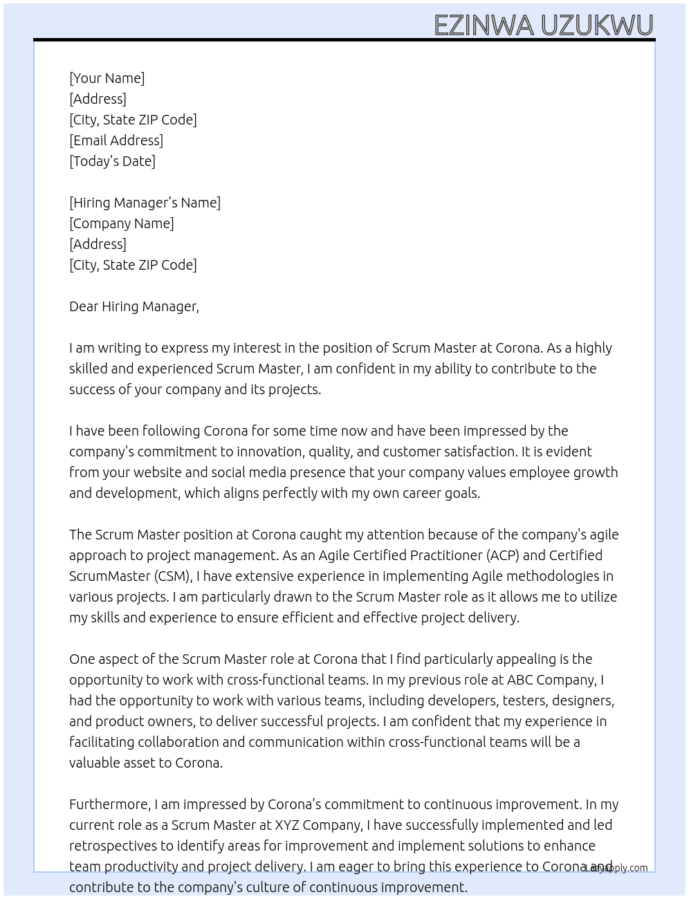 scrum master At Corona Cover Letter