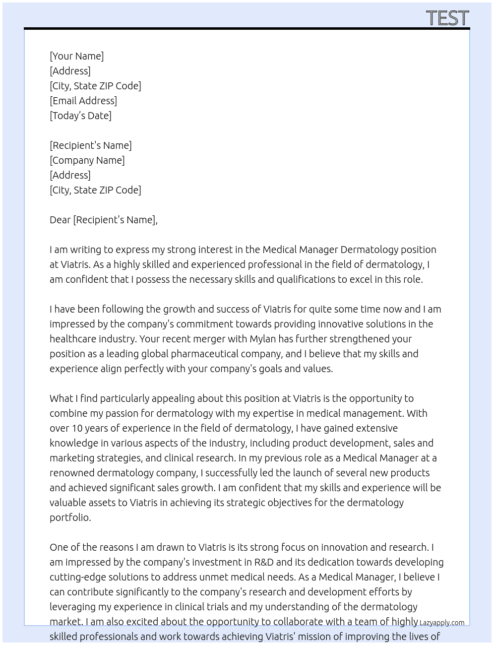 Medical Manager Dermatology At Viatris Cover Letter