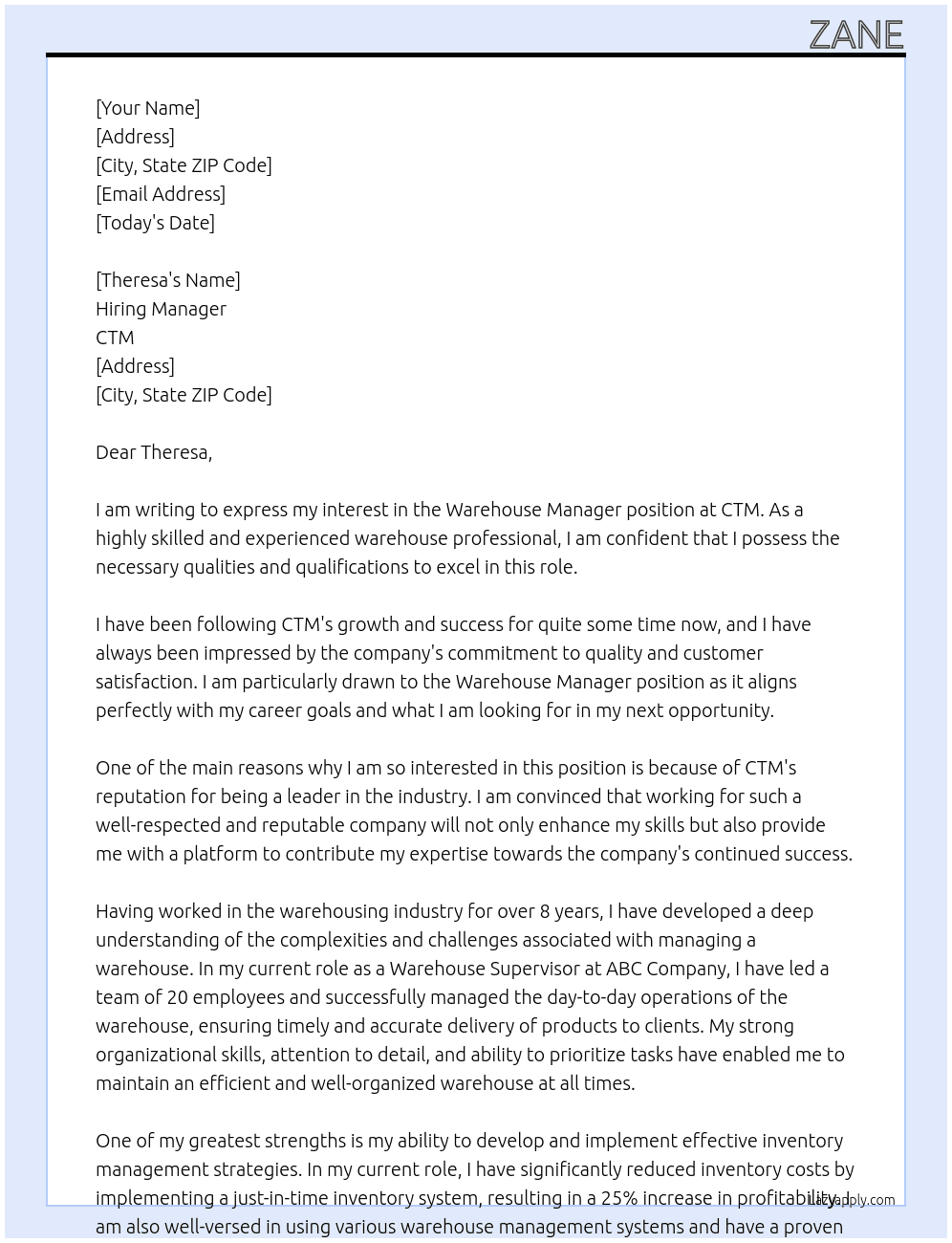 Warehouse Manager  At CTM Cover Letter