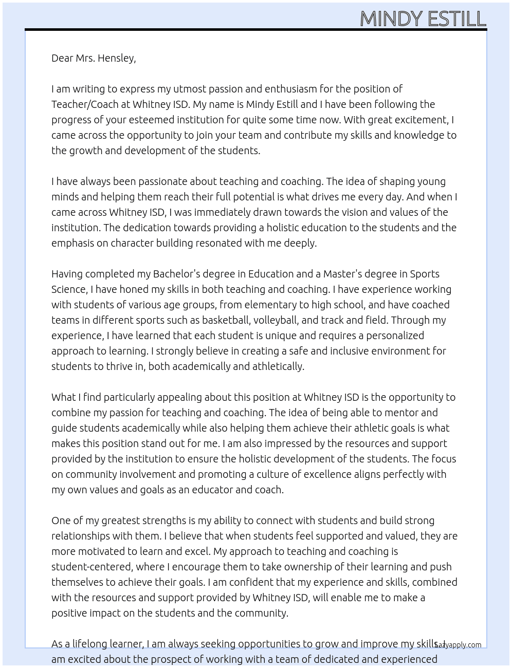 TEACHEr/coach At WHItney Isd Cover Letter