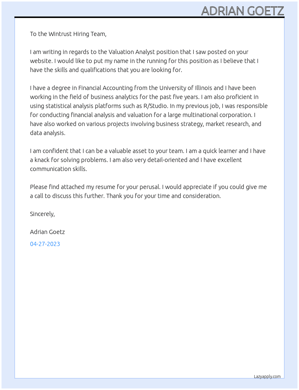 Valuation Analyst At Adrian Goetz Cover Letter
