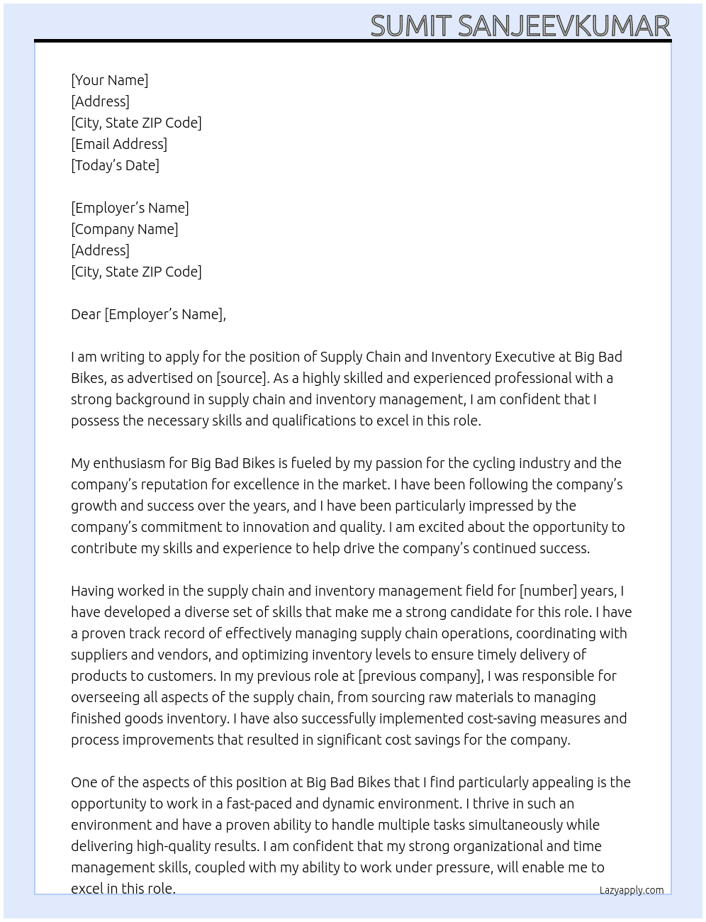 Supply Chain and inventory Executive At Big Bad Bikes Cover Letter