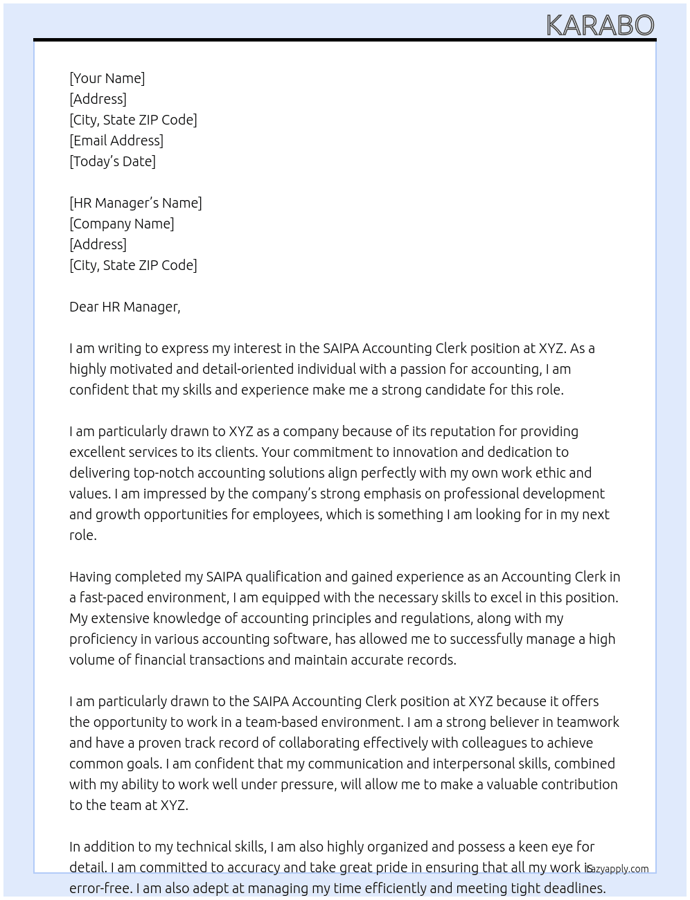 Cover letter for saipa accounting clerk - LazyApply